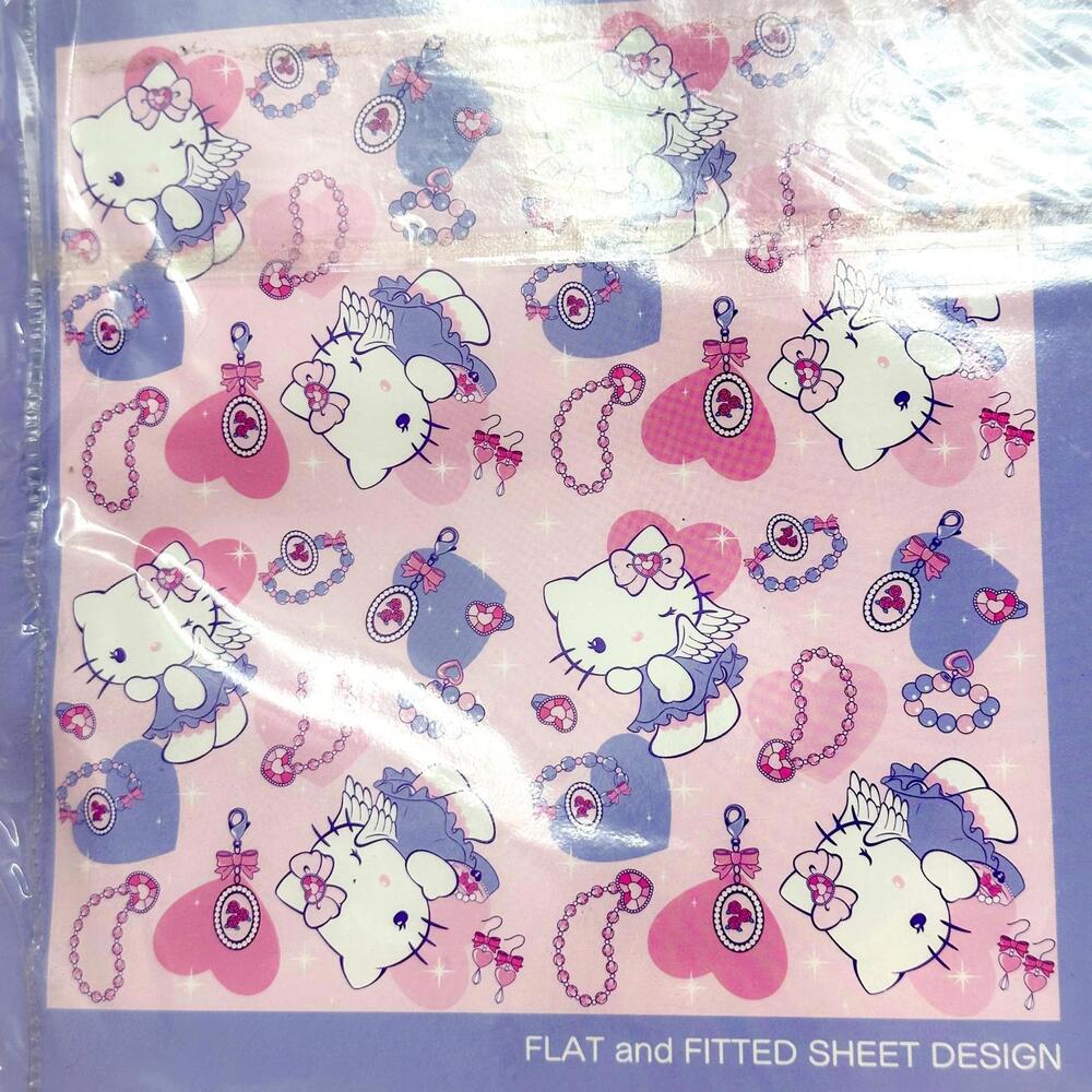 Sanrio Hello Kitty Sheet Set Pink Purple Twin Bedding 2007 Pillowcase Cat‎ Angel - Picture 4 of 6